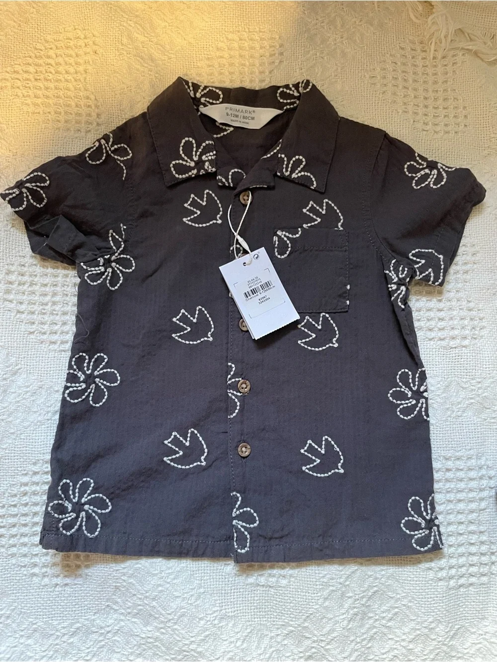 Primark Toddler Two-Piece Shirt & Short Set - Black with White Embroidered Birds